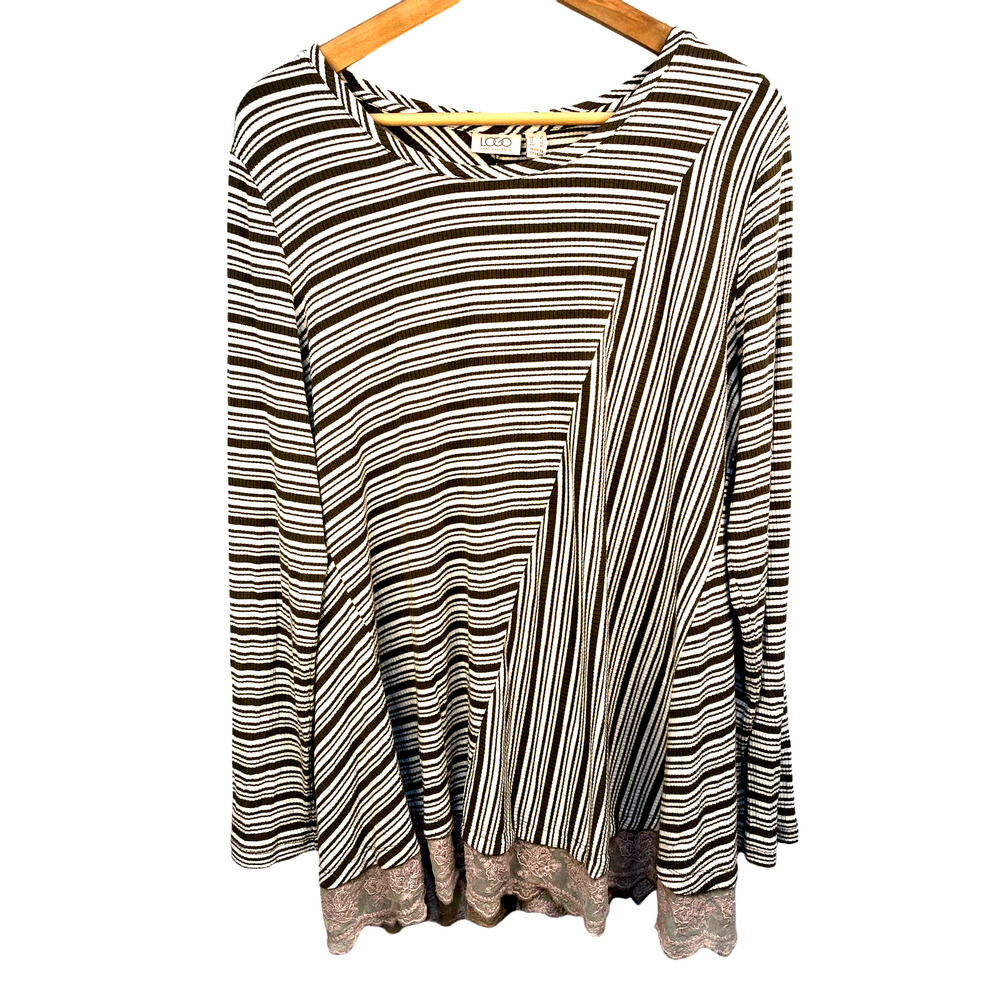 LOGO Lori Goldstein Women's Green Cream Striped Tunic Top Lace Trim Size Large